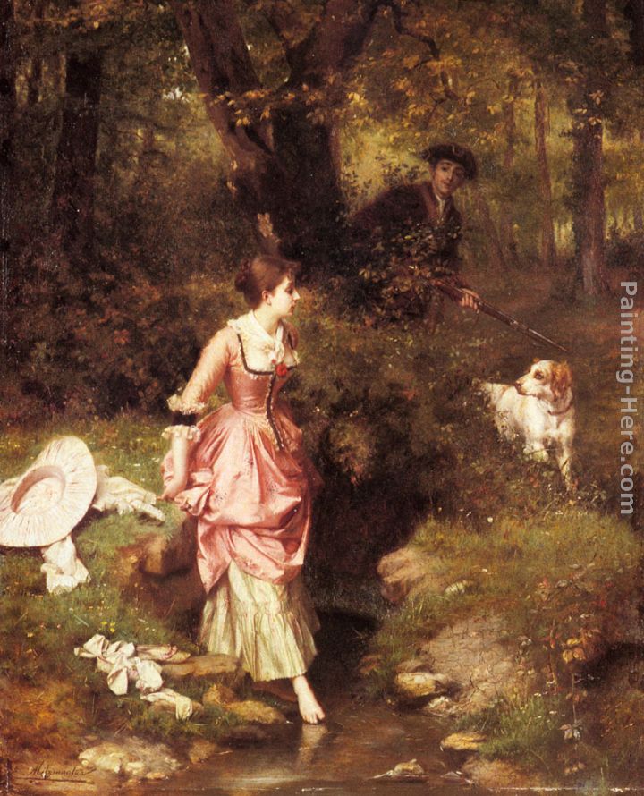 A Young Beauty Crossing a Brook with a Hunter Beyond painting - Emile Pierre Metzmacher A Young Beauty Crossing a Brook with a Hunter Beyond art painting